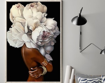 Black Girl With Flower, Flower Head Woman, Black Women Art, Black Flowers Head, African American Art, African Woman Canvas, Modern Wall Art