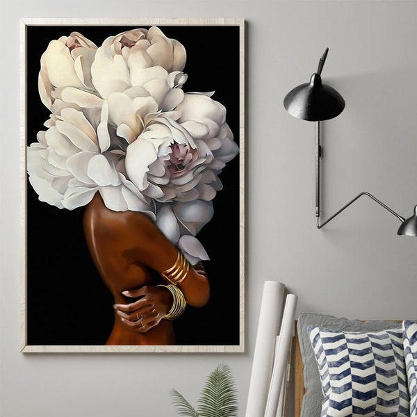Black Girl With Flower, Flower Head Woman, Black Women Art, Black Flowers Head, African American Art, African Woman Canvas, Modern Wall Art