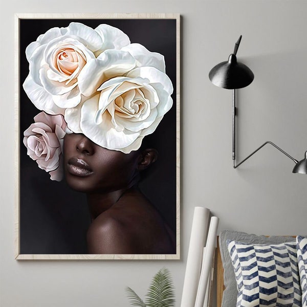 Black Girl With Flower, Flower Head Woman, Black Women Art, Black Flowers Head, African American Art, African Woman Canvas, Modern Wall Art