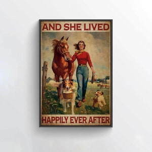 Chica con caballo y perro y vivió feliz para siempre retrato blanco, decoración de vaquera, estampado de vaquera, regalo de amante de los caballos, arte del caballo