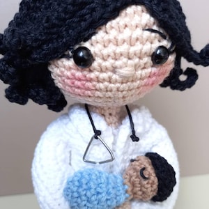 Crochet Doctor Doll with Baby - Handmade Amigurumi Gift for Pediatrician, OB Nurse, Midwife or Hospital Decor