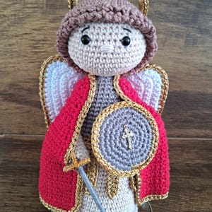 Crochet Archangel Doll with Sword and Shield – Handmade Amigurumi Saint, Guardian Angel Religious Gift