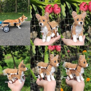 Pelúcia de cachorro de crochê feita à mão personalizada, boneca de estimação personalizada, lembrança de cachorro amigurumi, presente exclusivo de Corgi, pelúcias personalizáveis com cadeira de rodas