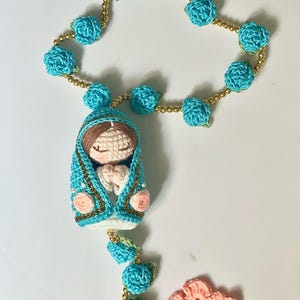 Crochet Rosary with Virgin Mary Doll – Handmade Catholic Prayer Beads, Marian Gift, Baptism or First Communion Keepsake