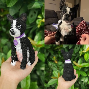 Pelúcia de cachorro de crochê artesanal personalizada, boneca de animal de estimação personalizada, lembrança de cachorro amigurumi, presente exclusivo de Boston Terrier, pelúcias personalizáveis