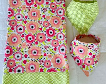 MARKED DOWN!! Cotton Flannel "Poppies and Tulips" Baby Blanket & Bibs