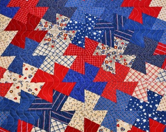 Pinwheel Red, Blue and Tan Lap Quilt