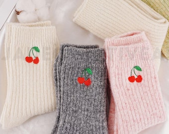 Sweet Cherry Embroidery Socks, Cute Fruit Pattern Socks, Warm Wool Socks, Handmade Mid-tube Socks, Winter Thicken Socks, Floor Socks, Gifts