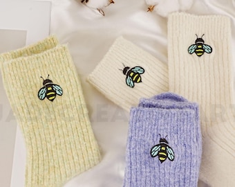 Cute Bee Wool Socks, Warm Embroidery Socks, Women Handmade Socks, Autumn Winter Socks, Thicken Stripe Socks, Floor Socks,  Mid-tube Socks