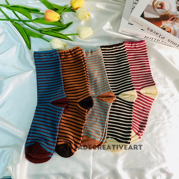 Colorful Stripe Socks, Stripe Cotton Socks, Casual Sock, Novelty Sock, Women's Socks, Comfortable Sock, Four Seasons Socks, Holiday Gift