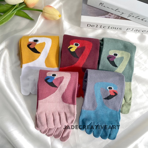 5 Pairs Flamingo Toe Socks, Colorful Split Toe Socks, Women Middle Tube Sock, Cotton Cute Flamingo Socks, Japanese Style Socks, Funny Socks