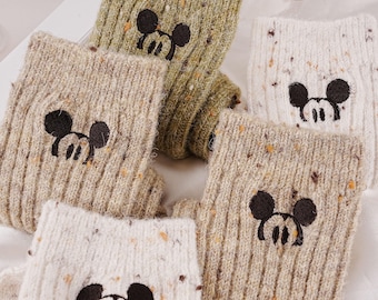 Cute Mouse Embroidery Socks, Handmade Wool Sock, Warm Daily Socks, Winter Socks, Mid-tube Socks, Thicken Plush Socks, Women Crew Socks