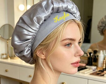 Custom Printed Bonnet With Name, Personalized Satin Hair Bonnet, Curly Hair Sleep Bonnet for Bride/Bridesmaid, Women Hair Care Fashion Gift