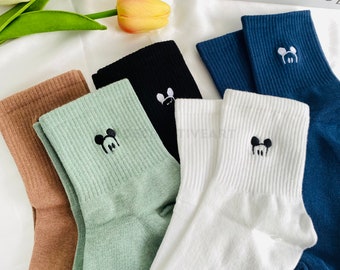 Cute Embroidered Mouse Socks, Cartoon Animal Sock, Mouse Patterned Socks, Happy Daily Socks, Cotton Crew Sock, Ankle Socks, Gift For Her