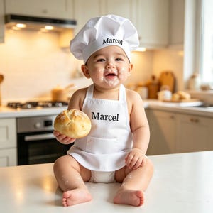 Könnte beinhalten: Eine weiße Kochmütze und eine passende weiße Schürze, beide mit dem in schwarzer Schrift gestickten Namen Marcel versehen. Die Schürze hat eine kleine Vordertasche. Das Set wird von einem Baby getragen, das ein rundes, goldbraunes Brötchen hält.