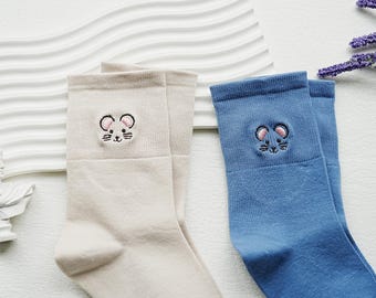 Cute Mouse Embroidered Socks, Summer Thin Sock, Various Color Patterned Socks, Women Daily Socks, Cotton Crew Sock, Custom Socks, Gifts