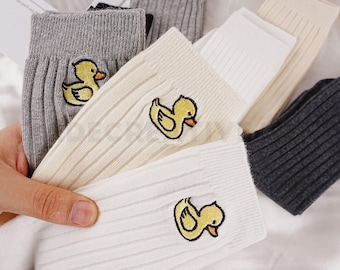 Kawaii Yellow Duck Embroidery Socks, Cute Duck Pattern Socks, Stripe Cotton Socks, Handmade Mid-tube Socks, Women Floor Socks, Gifts