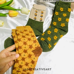 Creative Flower Socks/Cotton Crew  Floral Socks/Cute Flower Socks/Yellow Flower Socks/Plant Socks/Women Fashion Socks/Cute Socks/10 Styles