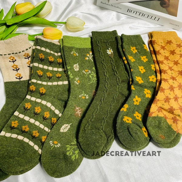 Flower Green Socks/Aesthetic Crew Socks/Flower Spring Socks/Yellow Flower Sock/Plant Socks/Women Fashion Socks/Knitting Sock/10 Styles