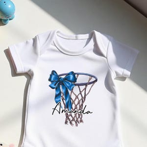Personalized Basketball Baby Bodysuit, Custom Name Sports Baby Outfit, Cute Blue Bow Basketball Hoop Baby Bodysuit, Unique Baby Shower Gift