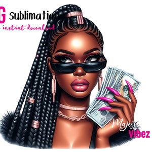 Ragazza nera con soldi PNG clipart spaccone Occhiali da sole Clipart soldi Donne afroamericane Ragazza nera Magic Melanin Ragazza urbana PNG