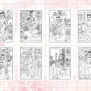 May include: A collection of eight black and white illustrations, each depicting a woman in various domestic settings. The drawings feature detailed scenes with kitchen appliances, laundry machines, and other household items. The style is reminiscent of adult coloring book pages.