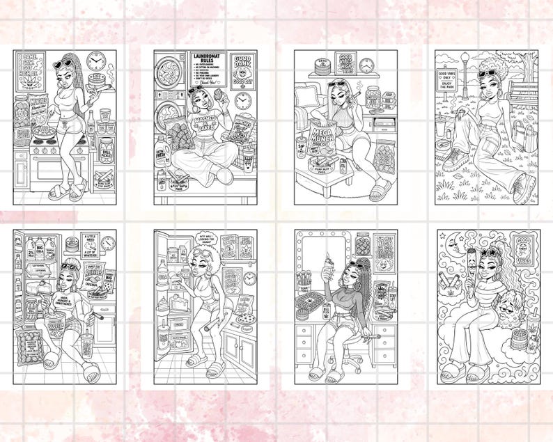 May include: A collection of eight black and white illustrations, each depicting a woman in various domestic settings. The drawings feature detailed scenes with kitchen appliances, laundry machines, and other household items. The style is reminiscent of adult coloring book pages.