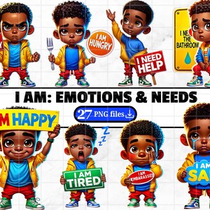 May include: Digital illustration of cartoon children displaying emotions. Each child holds a sign with phrases such as "I am angry," "I am happy," and "I am sad." The image includes the text "I AM: EMOTIONS & NEEDS" and "27 PNG files."