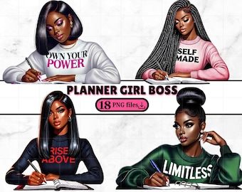 18 Black Girl Clipart Bundle Empowerment Motivational Boss Babe Self Love Empowered Girl Boss Inspirational Quotes Planner Girls Fashion