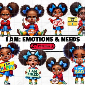 May include: Digital illustrations of a Black girl expressing various emotions. Each character wears a blue dress, red jacket, and has a blue bow in her hair. Signs read "I AM ANGRY", "I AM HUNGRY", "I NEED HELP", "I NEED THE BATHROOM", "I AM HAPPY", "I AM TIRED", "I AM EMBARRASSED", and "I AM SAD".