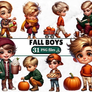 Pode incluir: Ilustração digital com meninos de desenho animado em cenas de outono. A imagem mostra meninos com abóboras, maçãs e acessórios de outono. O texto na imagem diz "FALL BOYS" e "31 PNG files".
