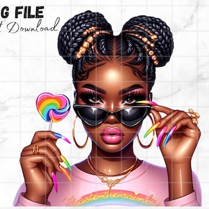 Taste the rainbow png LGBTQ clipart Pride day Girl boss clipart Girl with lolipop African American women Black girl Magic Melanin Urban PNG image 1