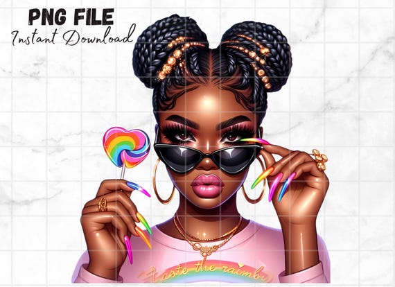 Taste the rainbow png LGBTQ clipart Pride day Girl boss clipart Girl with lolipop African American women Black girl Magic Melanin Urban PNG