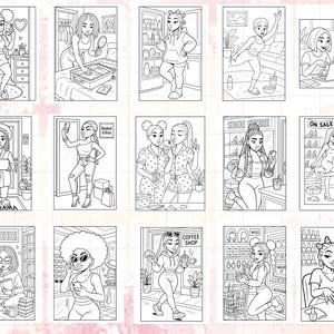 K&ouml;nnte beinhalten: Eine Sammlung von Schwarz-Wei&szlig;-Illustrationen, die Frauen in verschiedenen Szenen zeigen. Die Bilder enthalten Texte wie "NO DRAMA", "SHHH!", "COFFEE SHOP", "SHOE STORE", "ON SALE" und "NAILED IT". Die Illustrationen sind im Cartoon-Stil gehalten.