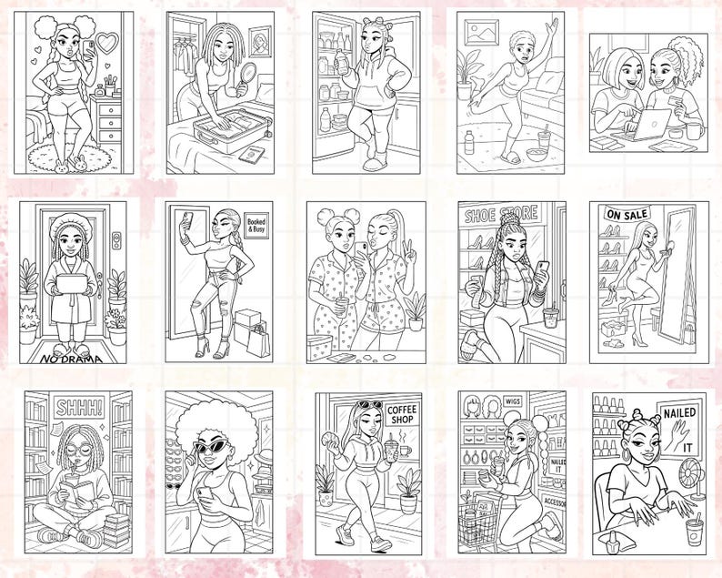 K&ouml;nnte beinhalten: Eine Sammlung von Schwarz-Wei&szlig;-Illustrationen, die Frauen in verschiedenen Szenen zeigen. Die Bilder enthalten Texte wie "NO DRAMA", "SHHH!", "COFFEE SHOP", "SHOE STORE", "ON SALE" und "NAILED IT". Die Illustrationen sind im Cartoon-Stil gehalten.
