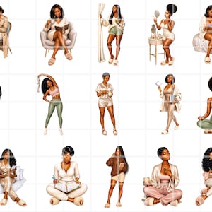 K&ouml;nnte beinhalten: Digitale Illustrationen von Frauen bei verschiedenen entspannenden Aktivit&auml;ten. Die Bilder zeigen Frauen beim Lesen, Telefonieren, Trainieren und Meditieren. Die Frauen tragen Freizeitkleidung wie Pyjamas, Loungewear und Sportkleidung. Die Farbpalette umfasst sanfte Pastellt&ouml;ne und neutrale Farben.