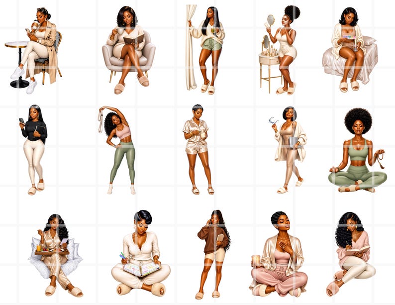 K&ouml;nnte beinhalten: Digitale Illustrationen von Frauen bei verschiedenen entspannenden Aktivit&auml;ten. Die Bilder zeigen Frauen beim Lesen, Telefonieren, Trainieren und Meditieren. Die Frauen tragen Freizeitkleidung wie Pyjamas, Loungewear und Sportkleidung. Die Farbpalette umfasst sanfte Pastellt&ouml;ne und neutrale Farben.