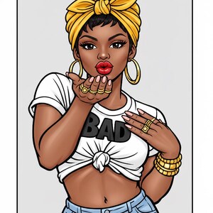 Peut inclure: Illustration d'une femme envoyant un baiser, portant un foulard jaune, des cr&eacute;oles dor&eacute;es et plusieurs bagues et bracelets dor&eacute;s. Elle porte un t-shirt blanc avec le mot "BAD" en lettres noires et un jean bleu.