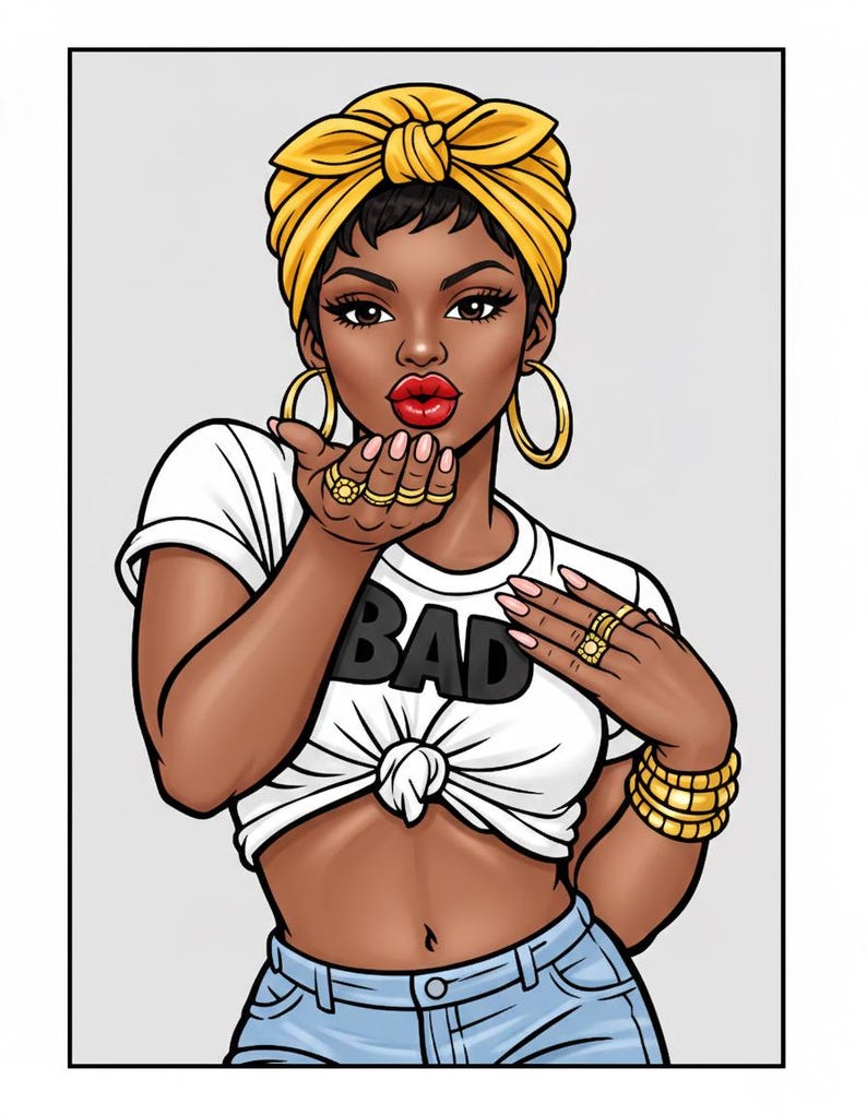 Peut inclure: Illustration d'une femme envoyant un baiser, portant un foulard jaune, des cr&eacute;oles dor&eacute;es et plusieurs bagues et bracelets dor&eacute;s. Elle porte un t-shirt blanc avec le mot "BAD" en lettres noires et un jean bleu.