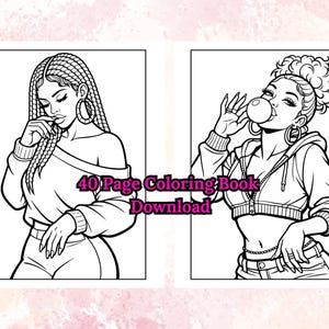 Peut inclure: Dessin au trait en noir et blanc de deux femmes. L'une a de longues tresses et se touche le visage. L'autre souffle une bulle de chewing-gum. Le texte "40 Page Coloring Book Download" est au centre.