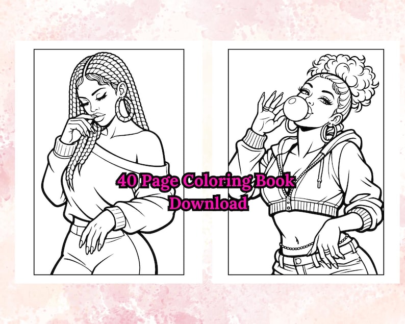 Peut inclure: Dessin au trait en noir et blanc de deux femmes. L'une a de longues tresses et se touche le visage. L'autre souffle une bulle de chewing-gum. Le texte "40 Page Coloring Book Download" est au centre.