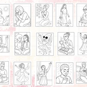 May include: A collection of black and white line art illustrations featuring diverse figures in various poses of prayer, reflection, and worship. The images depict people in moments of contemplation, with some holding books or raising their hands.