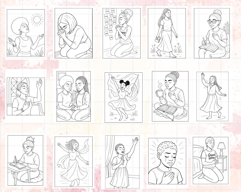 May include: A collection of black and white line art illustrations featuring diverse figures in various poses of prayer, reflection, and worship. The images depict people in moments of contemplation, with some holding books or raising their hands.