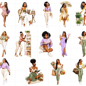 K&ouml;nnte beinhalten: Eine Sammlung digitaler Illustrationen, die stilvolle schwarze Frauen in verschiedenen Umgebungen zeigen. Die Bilder zeigen verschiedene Outfits und Accessoires, darunter Kleider, Hosenanz&uuml;ge und Freizeitkleidung. Jede Figur wird mit einzigartigen Frisuren und Posen dargestellt, was Themen wie Mode und Lifestyle suggeriert.