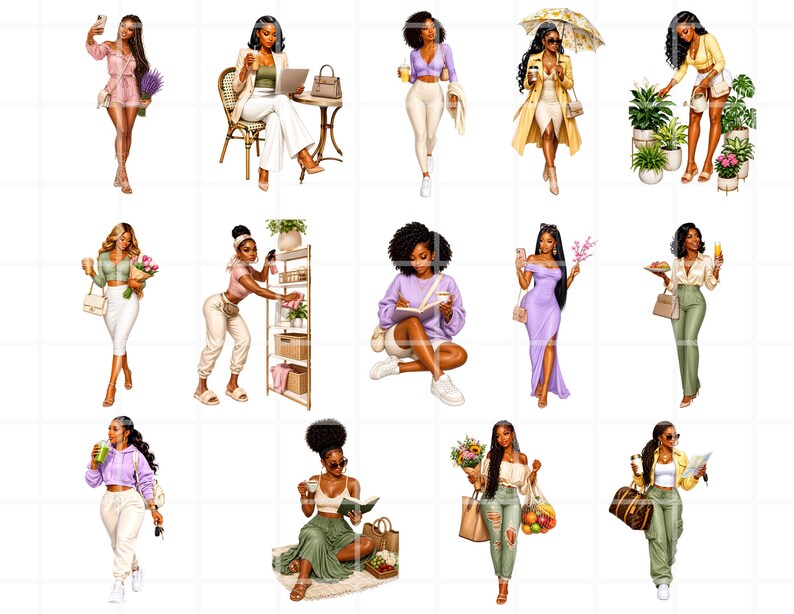 K&ouml;nnte beinhalten: Eine Sammlung digitaler Illustrationen, die stilvolle schwarze Frauen in verschiedenen Umgebungen zeigen. Die Bilder zeigen verschiedene Outfits und Accessoires, darunter Kleider, Hosenanz&uuml;ge und Freizeitkleidung. Jede Figur wird mit einzigartigen Frisuren und Posen dargestellt, was Themen wie Mode und Lifestyle suggeriert.
