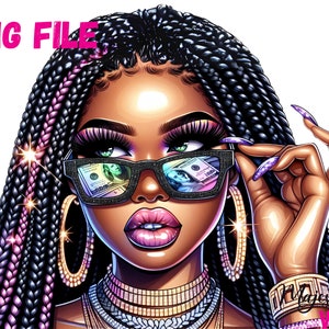 Ragazza nera soldi occhiali PNG capo pulcino ragazza afro con trecce ClipArt ragazza afro nera PNG regina afro ragazza moda melanina sublimazione magica