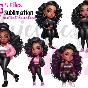 Zwarte chibi clipart Chibi meisje draagt zwart en roze PNG bundel van 5 Instant download Chibi vrouwen Afro-Amerikaans voor planners tuimelaars