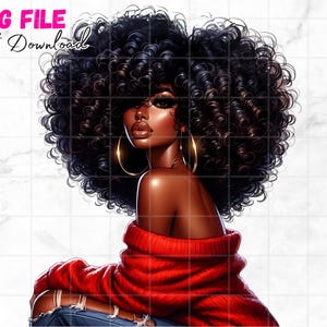 Mooie zwarte vrouwen png zwart meisje met afro clipart groot haar afro melanine koningin zwarte meid magische rode sublimatie digitale download