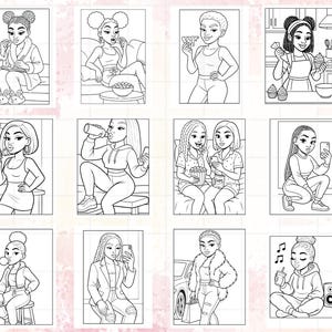 May include: A collection of black and white illustrations depicting various scenes of women in different settings. The images showcase women engaged in activities like applying makeup, eating pizza, baking, and relaxing. The illustrations are in a cartoon style.
