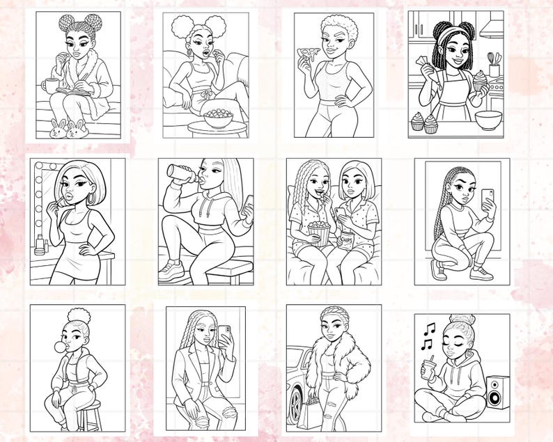 May include: A collection of black and white illustrations depicting various scenes of women in different settings. The images showcase women engaged in activities like applying makeup, eating pizza, baking, and relaxing. The illustrations are in a cartoon style.